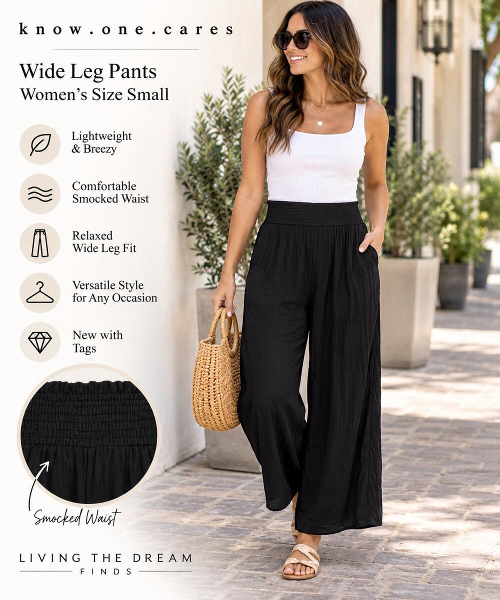Know One Cares Women’s Black Wide Leg Pants Size Small Smocked Waist NWT
